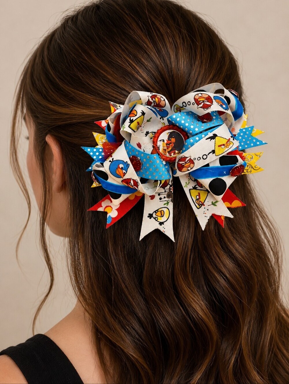 Vtg HANDMADE Large Colorful Angry Bird Cartoon Character Hair Bow Clip